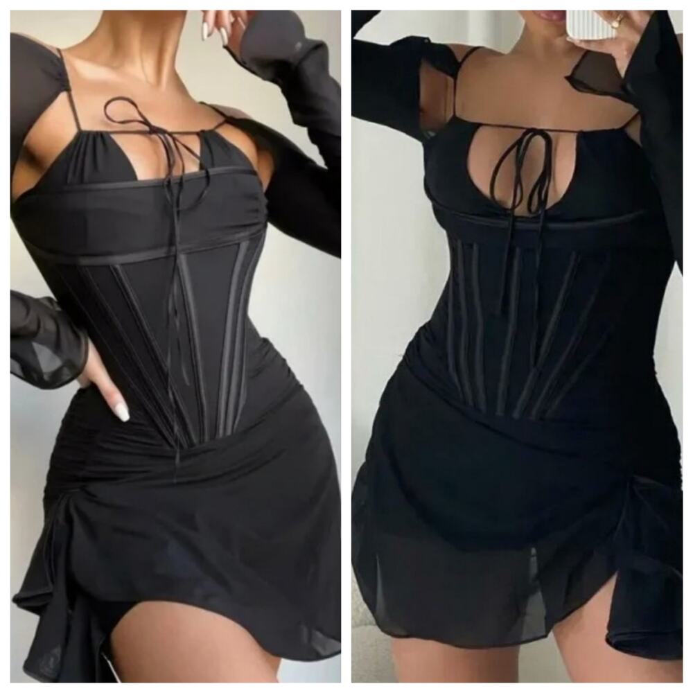 House of CB Gianna Corset Silk Long Sleeves Mini Dress Cocktail Party Date Night
